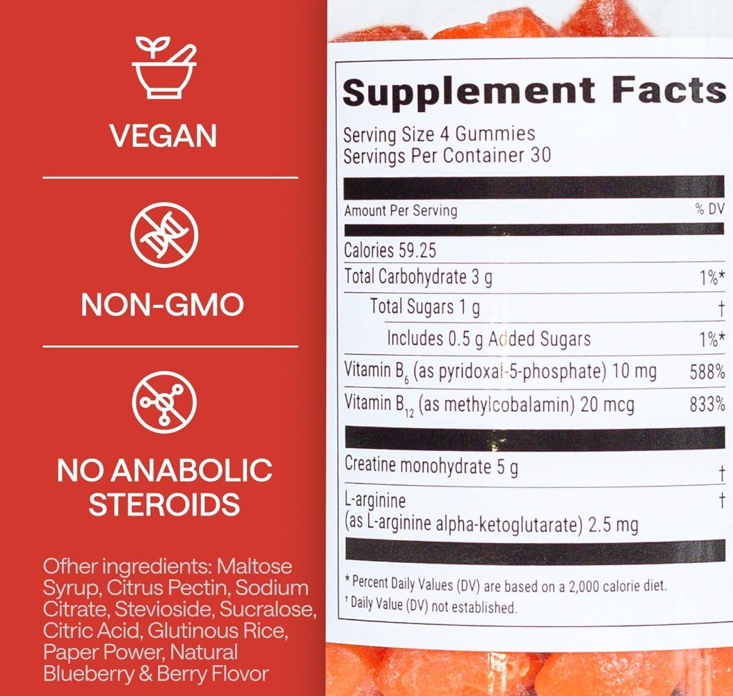 Detailed view of the Creatine Gummies supplement facts label on the bottle.