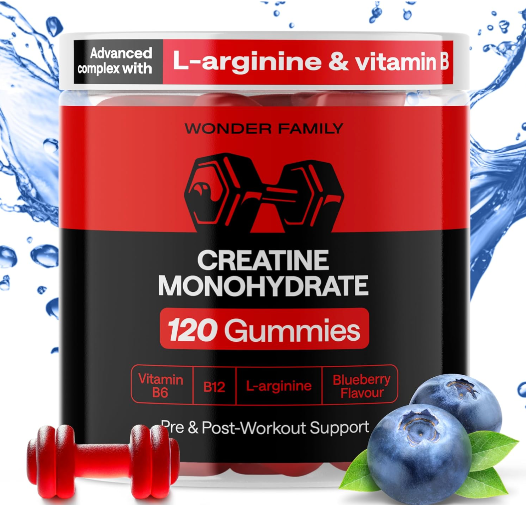 Bottle of fruit-flavored Creatine Gummies containing 5g Monohydrate per serving.