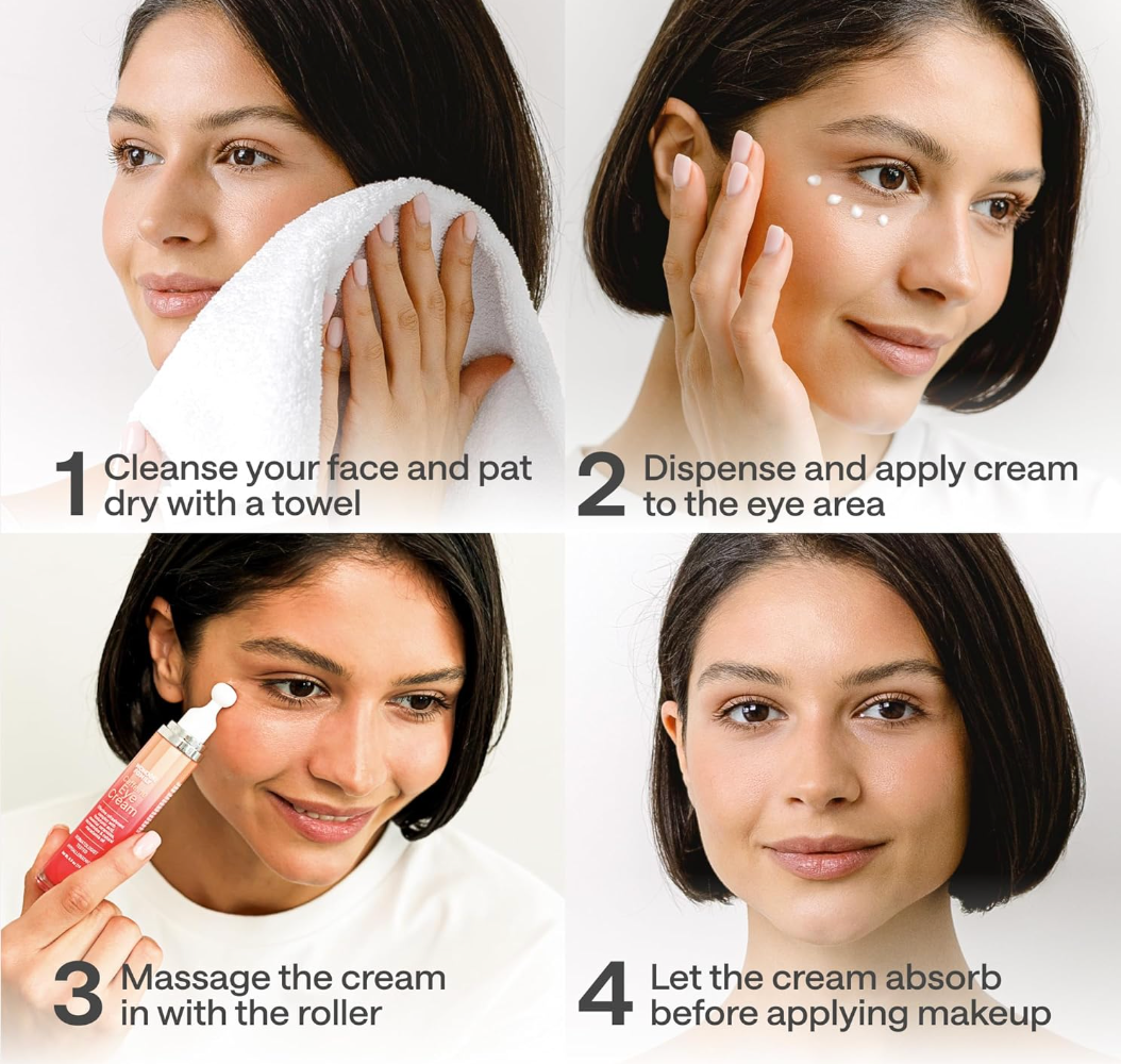 Woman gently applying Wonder Family's caffeine eye serum using the roller under her eyes to reduce puffiness.