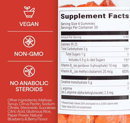 Detailed view of the Creatine Gummies supplement facts label on the bottle.
