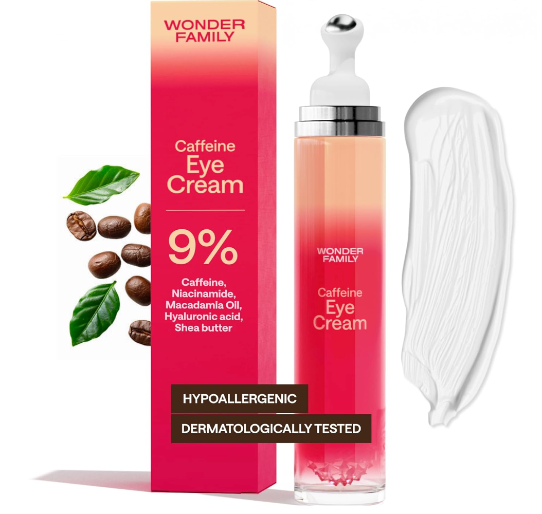 Wonder Family Caffeine Eye Cream Roller bottle with silver cap.