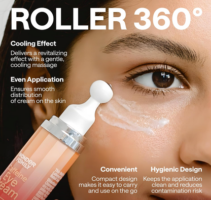 Close-up of the cooling metal rollerball tip on the caffeine eye serum applicator to reduce tired eyes.